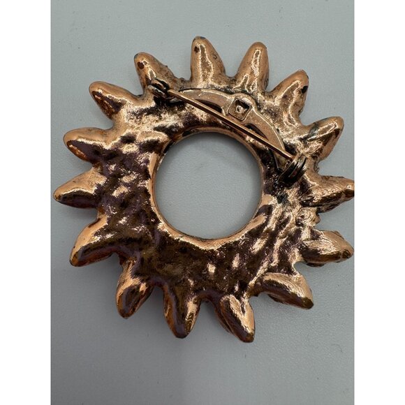 Vintage Bronze Faux Turquoise Brooch and‎ Clip on Earrings Sunflower Pin 1970s - Picture 4 of 5